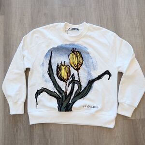 NWT ZARA floral print sweatshirt top white yellow tulip oversize S artsy